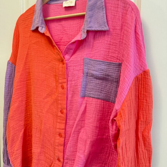 Colorblock 100% Cotton Women's Size L Gauze Button Down Bright Colorful Blouse - Picture 3 of 6